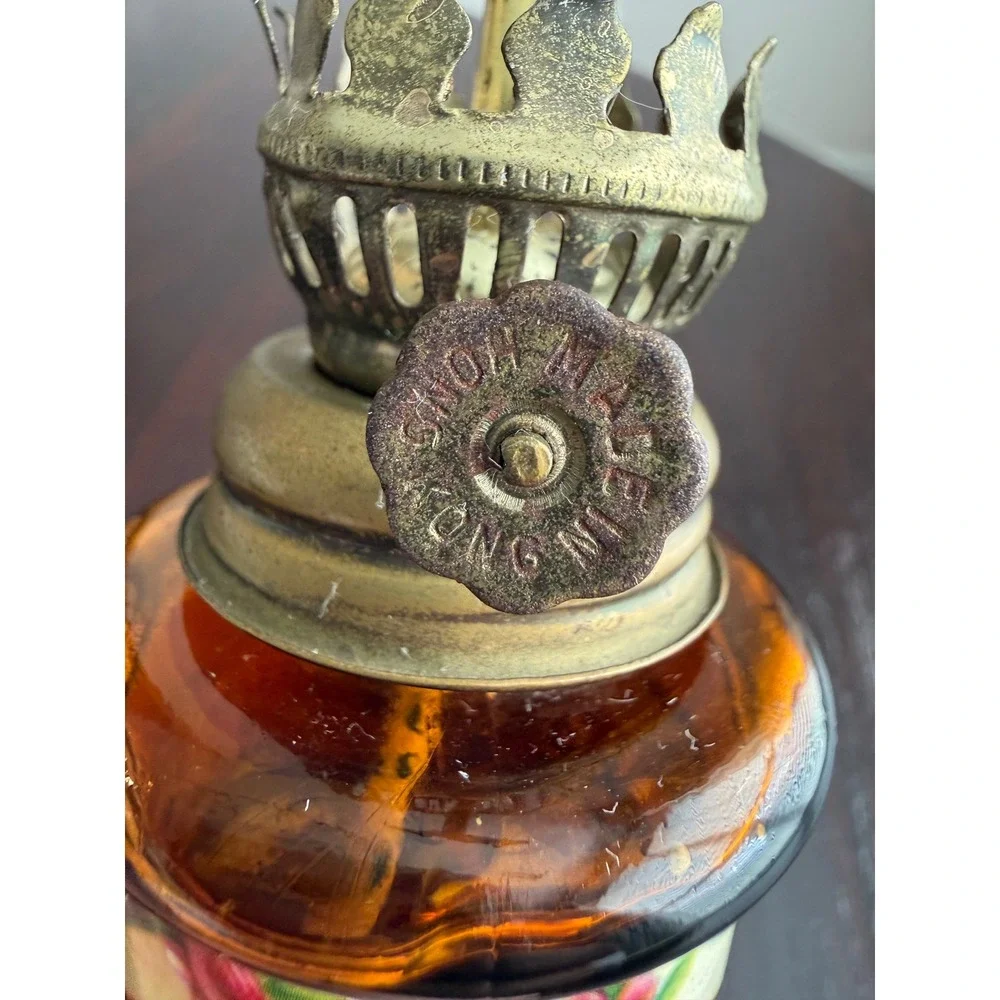 Vintage Amber Glass Miniature Oil Lamp The Last Supper Religious Lantern 6 inch